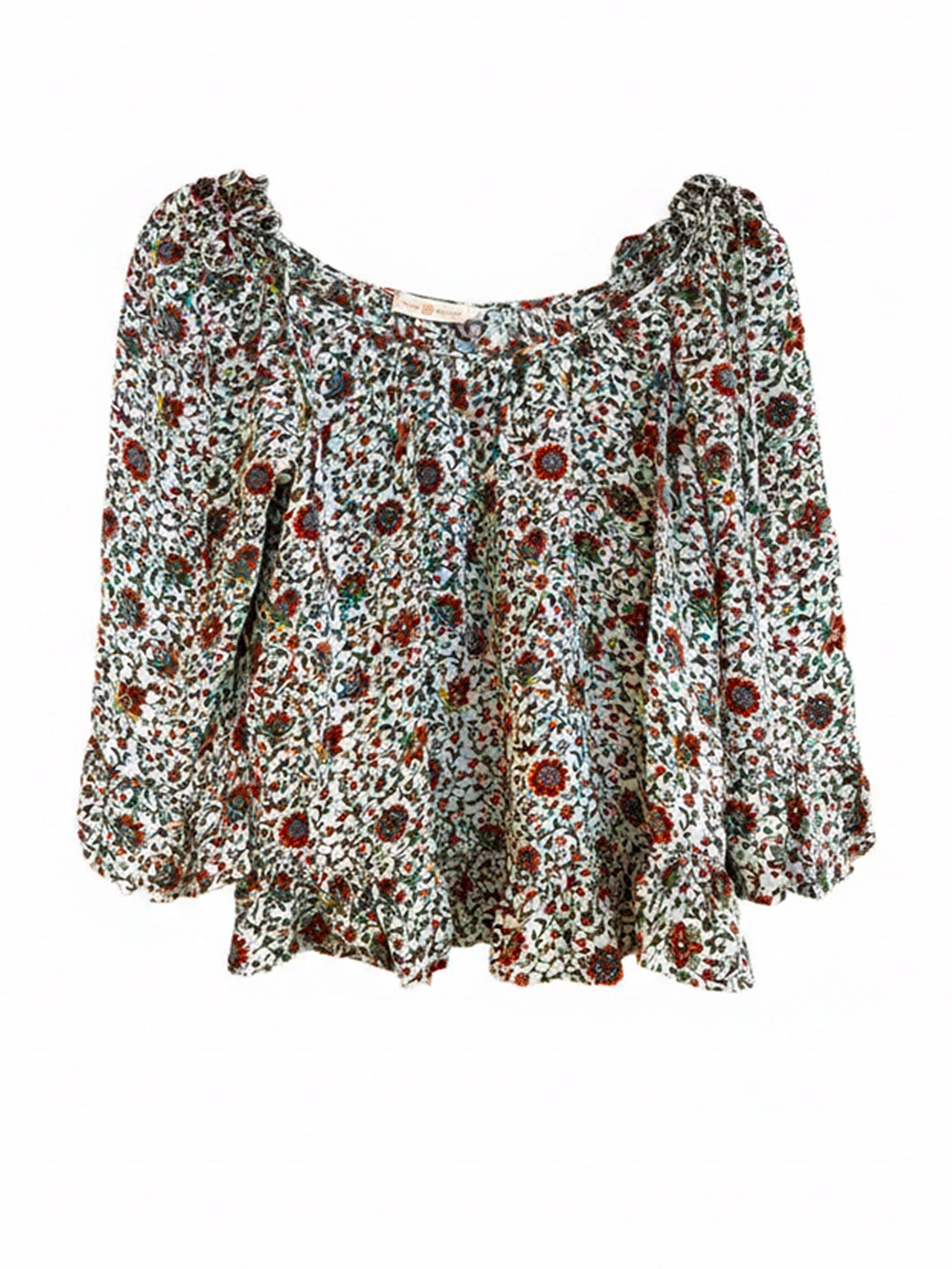 TORY BURCH Marianne Ivory 100% Silk Floral Ruffle Peasant Blouse Top 4 / Small